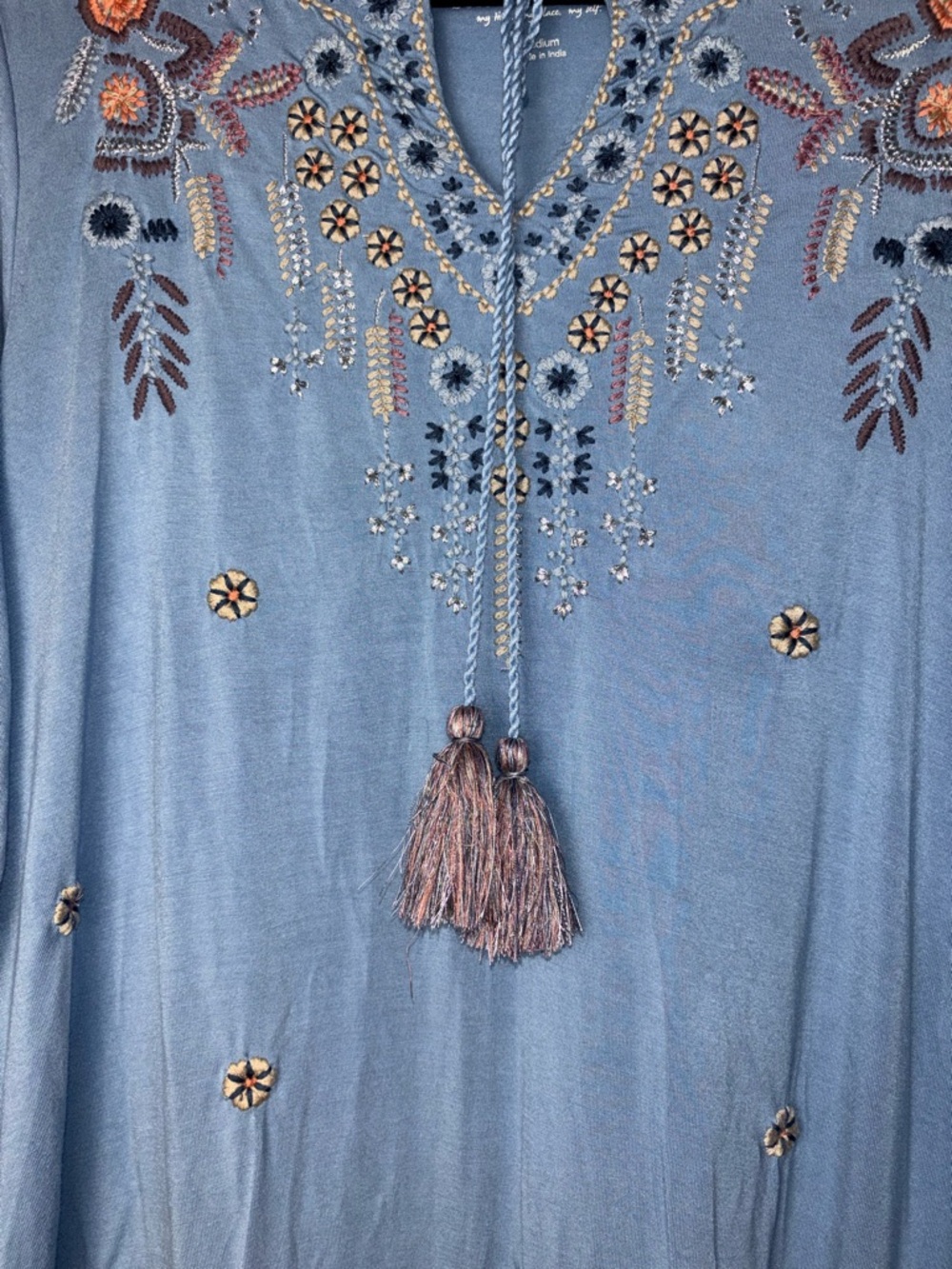 Soft surroundings embroidered long sleeve top with tassels -Blue Women's Medium - Picture 9 of 15